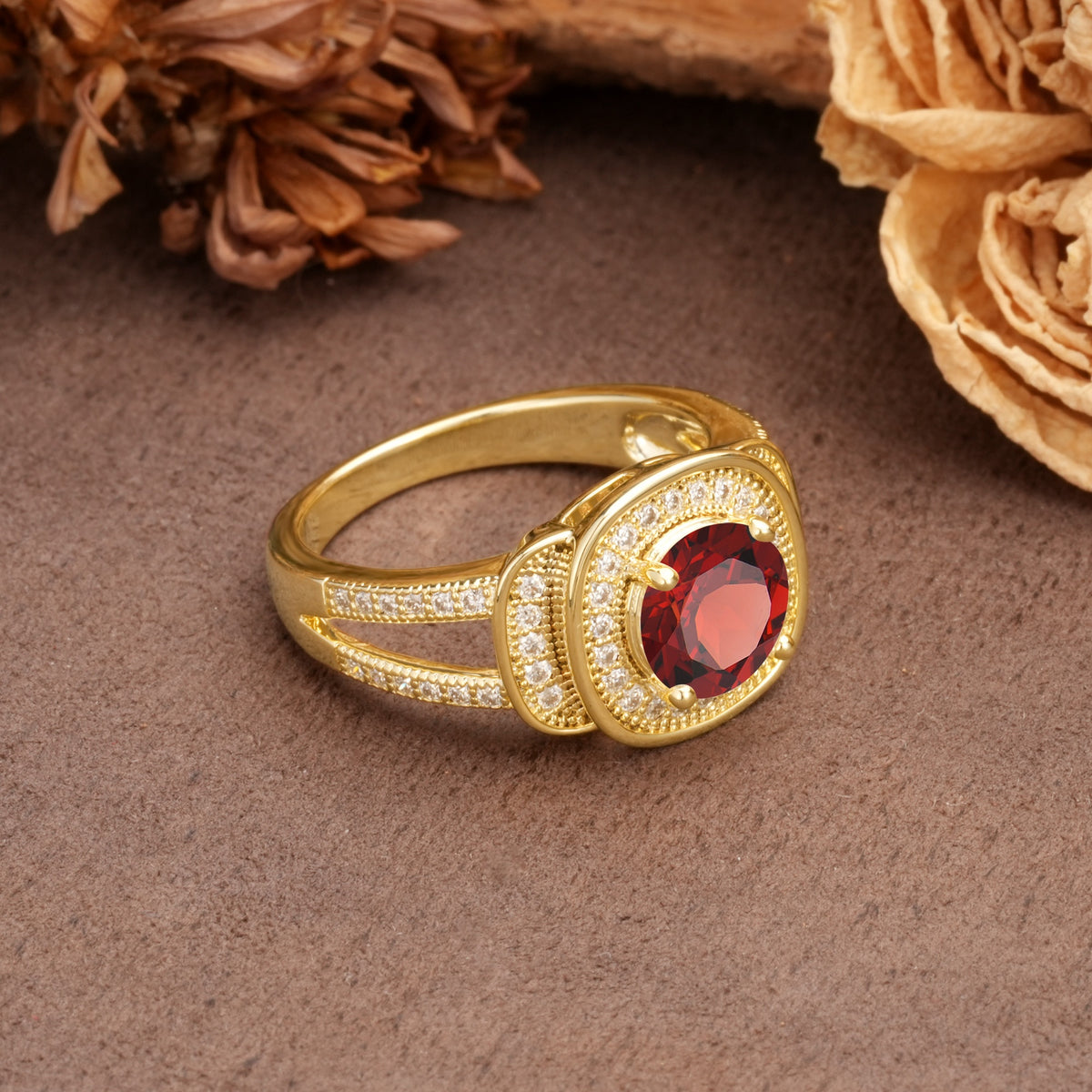 Luxurious & Classic Vintage Stackable 4-Prong Round Cut Garnet Engagement Ring - Additional view