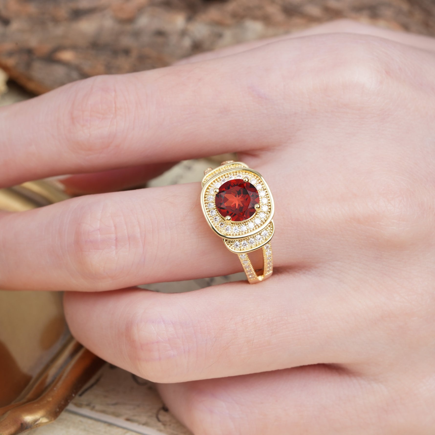 Luxurious & Classic Vintage Stackable 4-Prong Round Cut Garnet Engagement Ring - Additional view