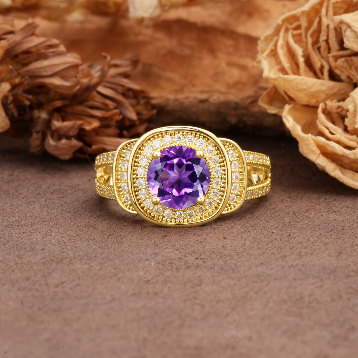 Luxurious & Classic Vintage Stackable 4-Prong Round Cut Amethyst Engagement Ring - Additional view