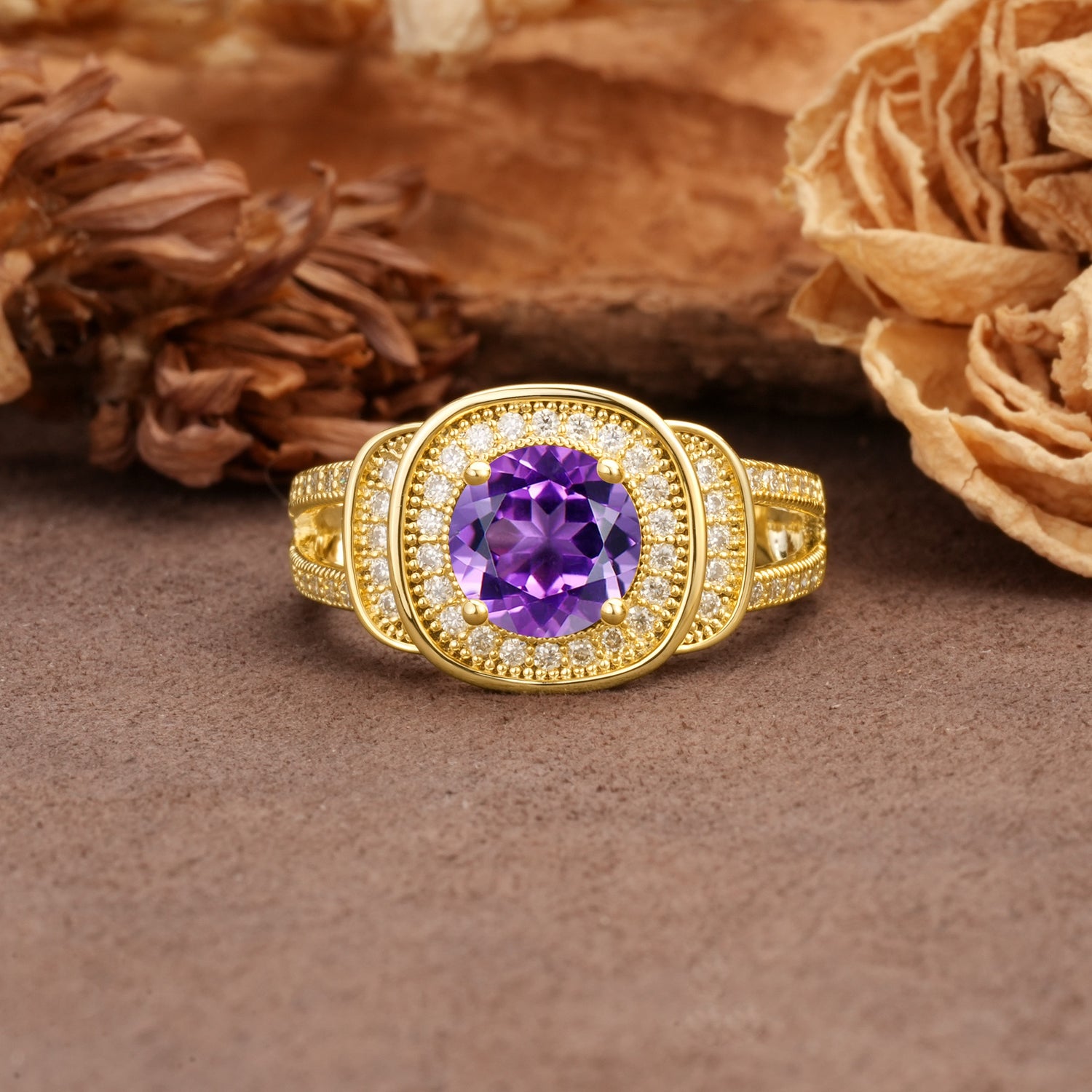 Luxurious & Classic Vintage Stackable 4-Prong Round Cut Amethyst Engagement Ring - Additional view