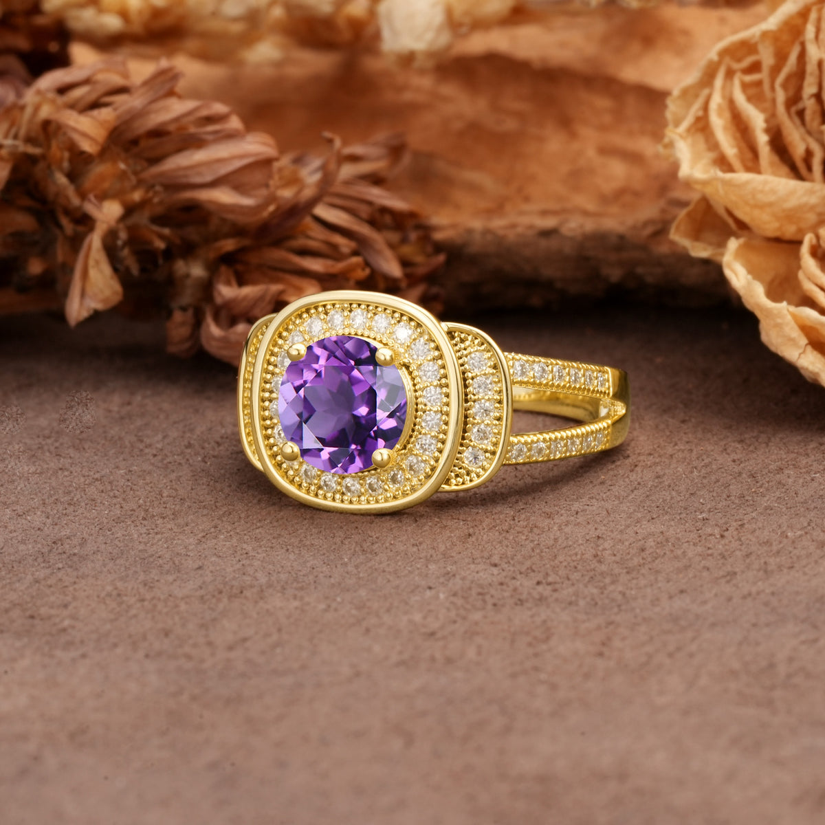 Luxurious & Classic Vintage Stackable 4-Prong Round Cut Amethyst Engagement Ring - Additional view