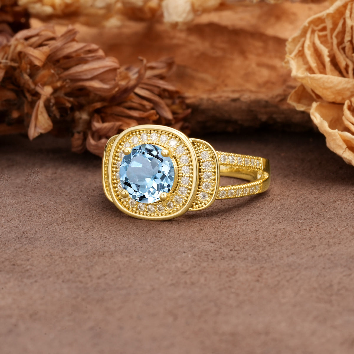 Luxurious & Classic Vintage Stackable 4-Prong Round Cut Aquamarine Engagement Ring - Additional view