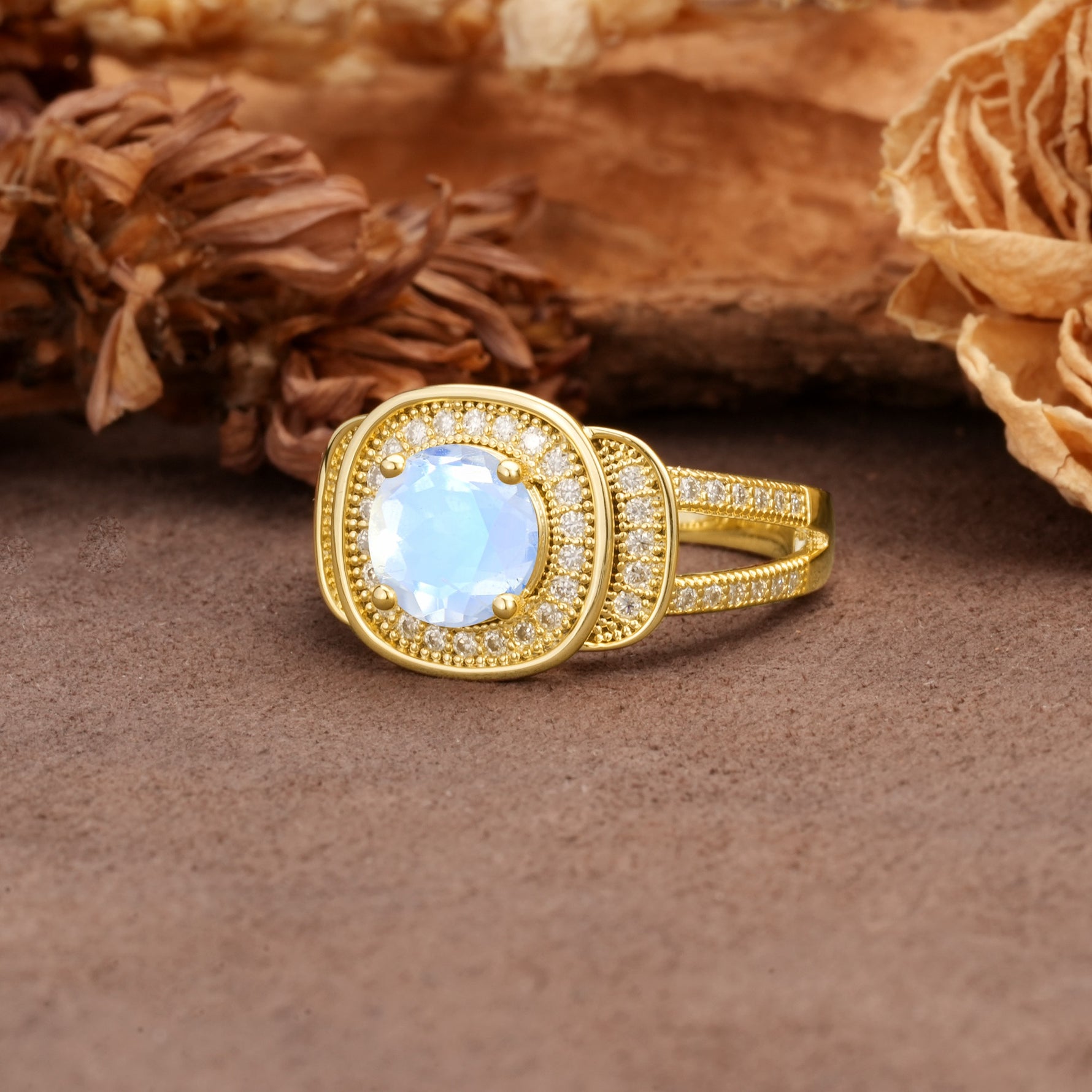 Luxurious & Classic Vintage Stackable 4-Prong Round Cut Moonstone Engagement Ring - Additional view