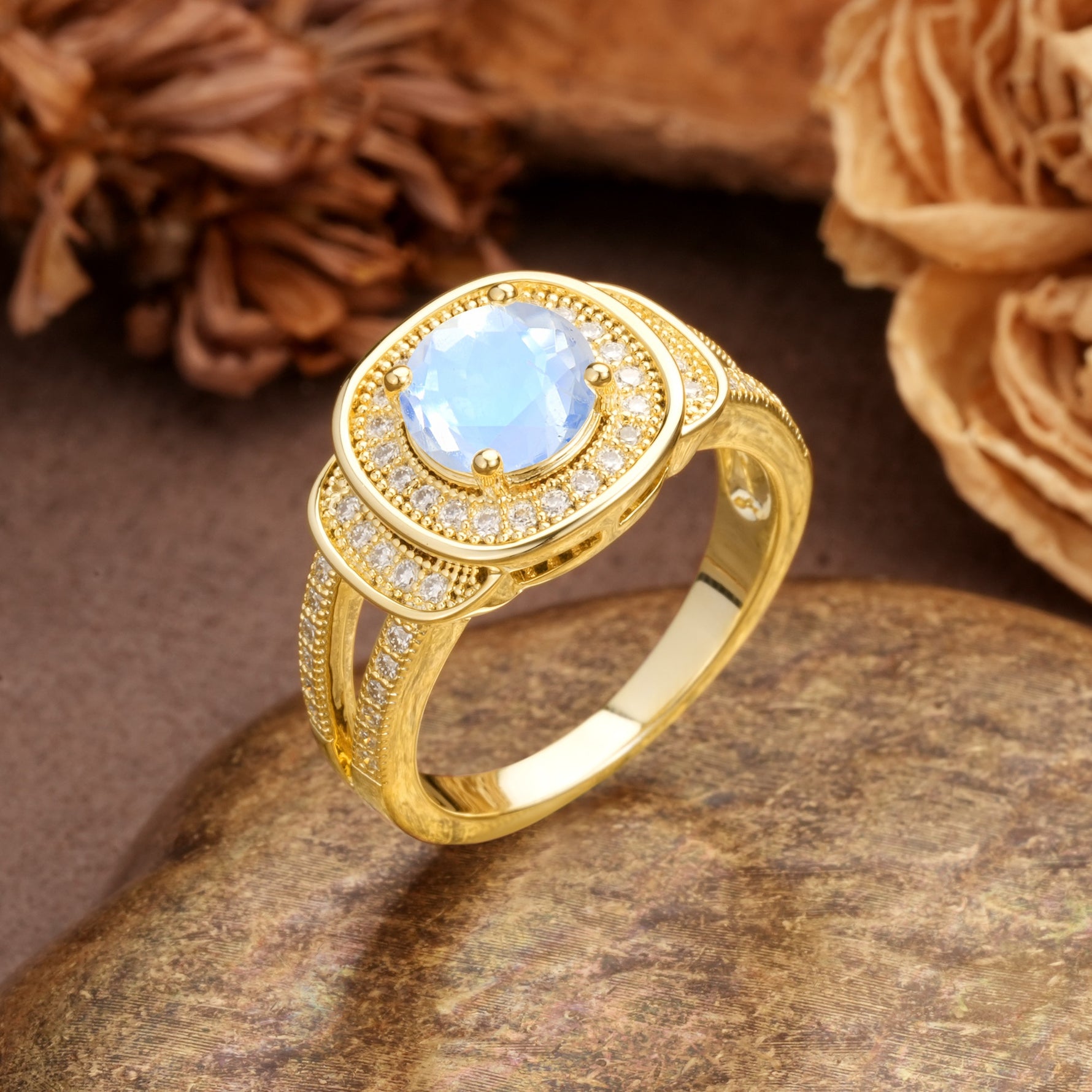 Luxurious & Classic Vintage Stackable 4-Prong Round Cut Moonstone Engagement Ring - Additional view
