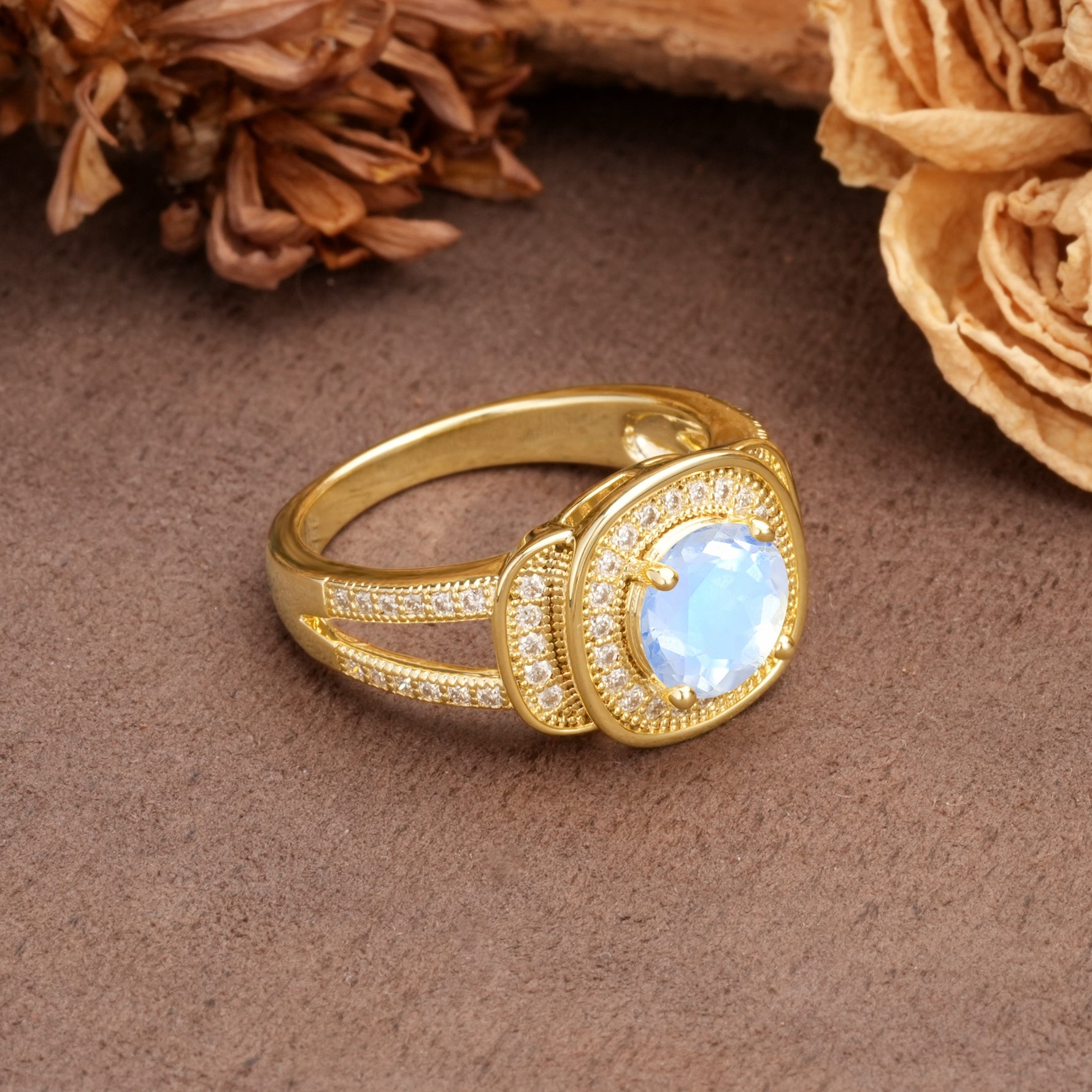 Luxurious & Classic Vintage Stackable 4-Prong Round Cut Moonstone Engagement Ring - Additional view