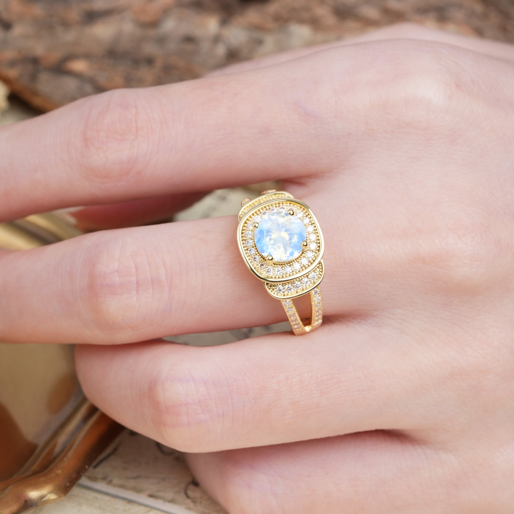 Luxurious & Classic Vintage Stackable 4-Prong Round Cut Moonstone Engagement Ring - Additional view