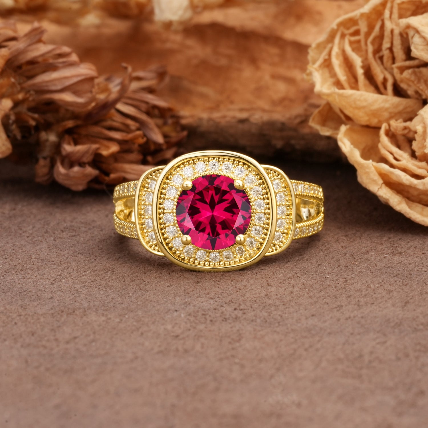 Luxurious & Classic Vintage Stackable 4-Prong Round Cut Ruby Engagement Ring - Additional view