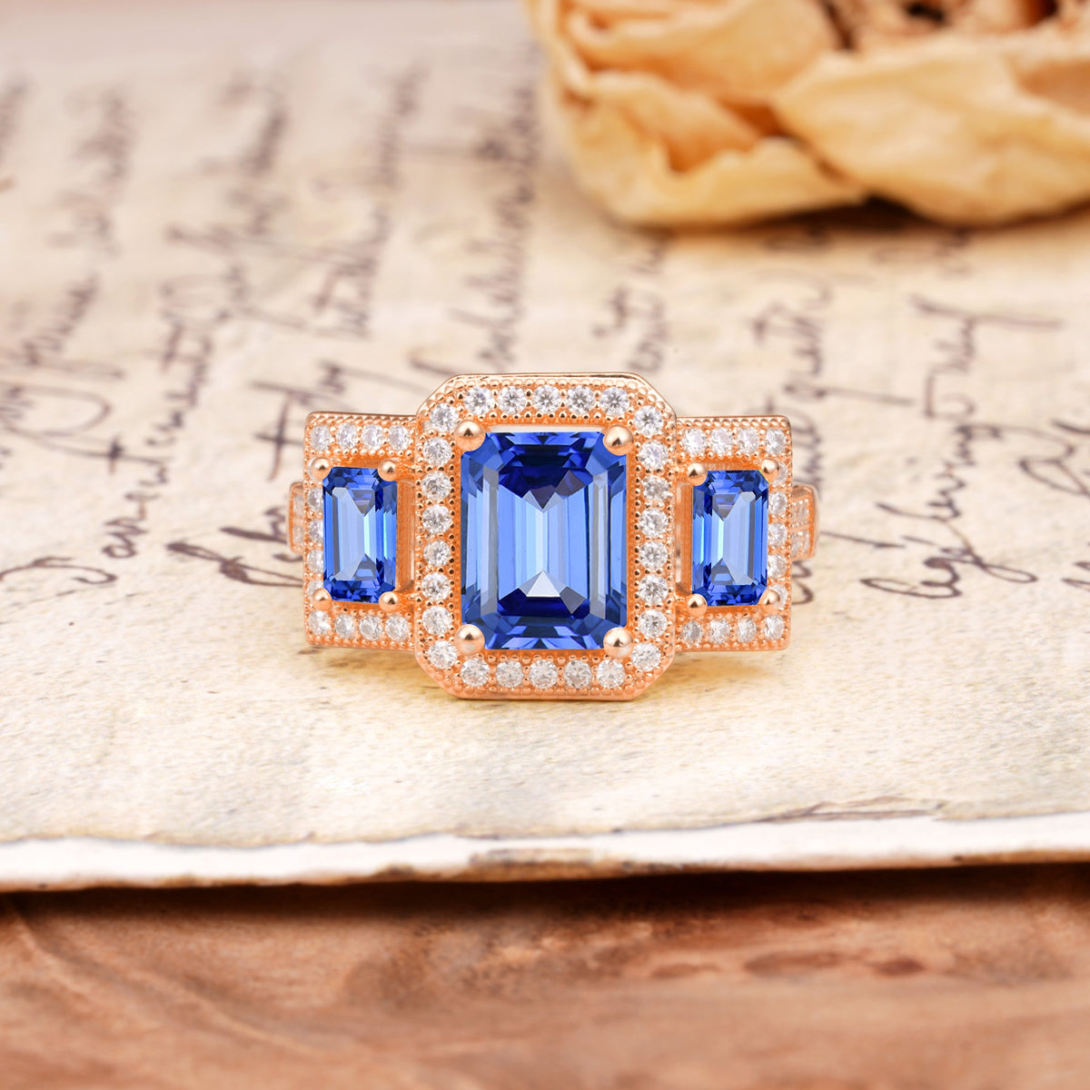 Luxury 4 Prong Emerald CutSapphire Side Stone Engagement Ring - Additional view