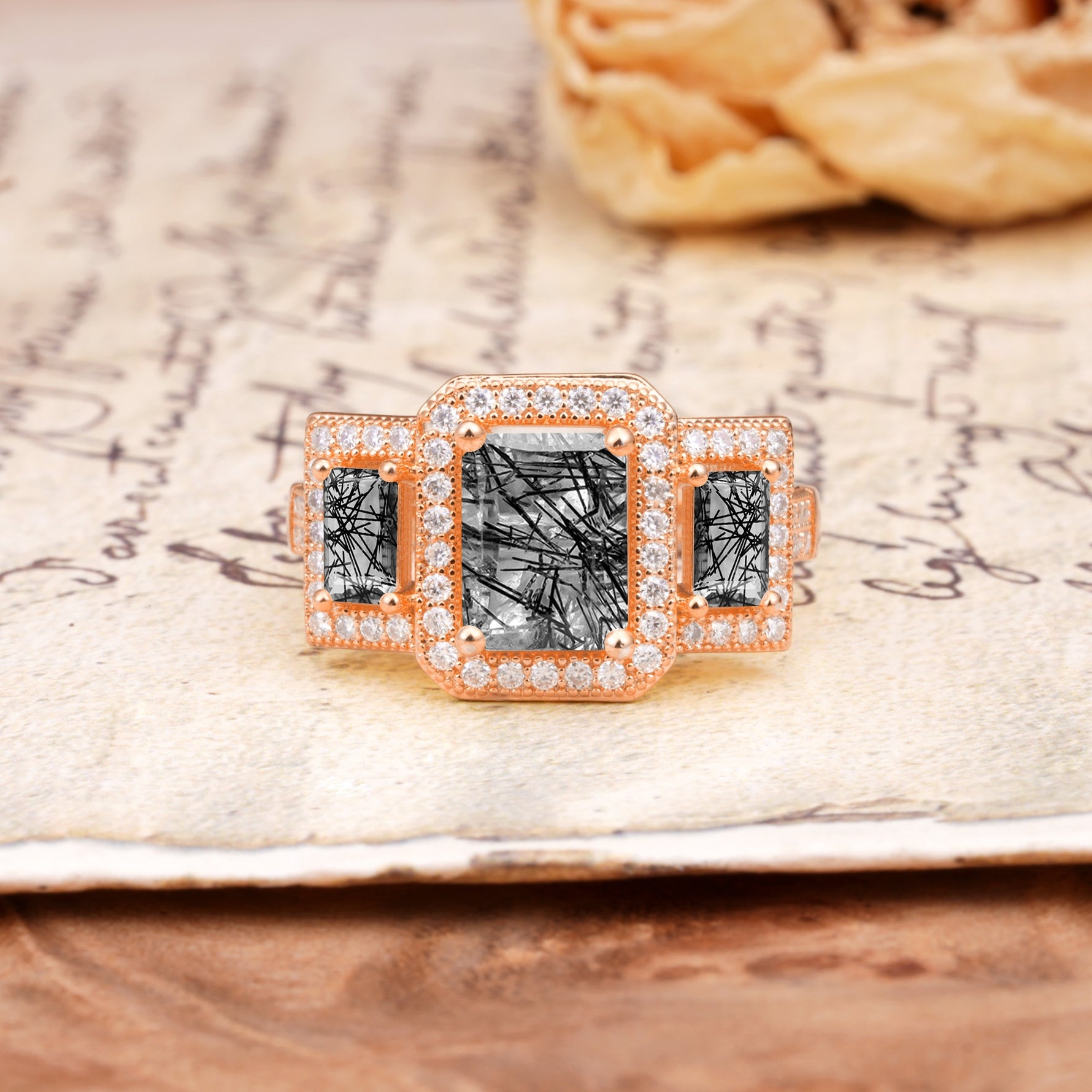 Luxury 4 Prong Emerald CutBlack Rutilated Quartz Side Stone Engagement Ring - Additional view