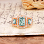Luxury 4 Prong Emerald CutMoss Agate Side Stone Engagement Ring - Additional view