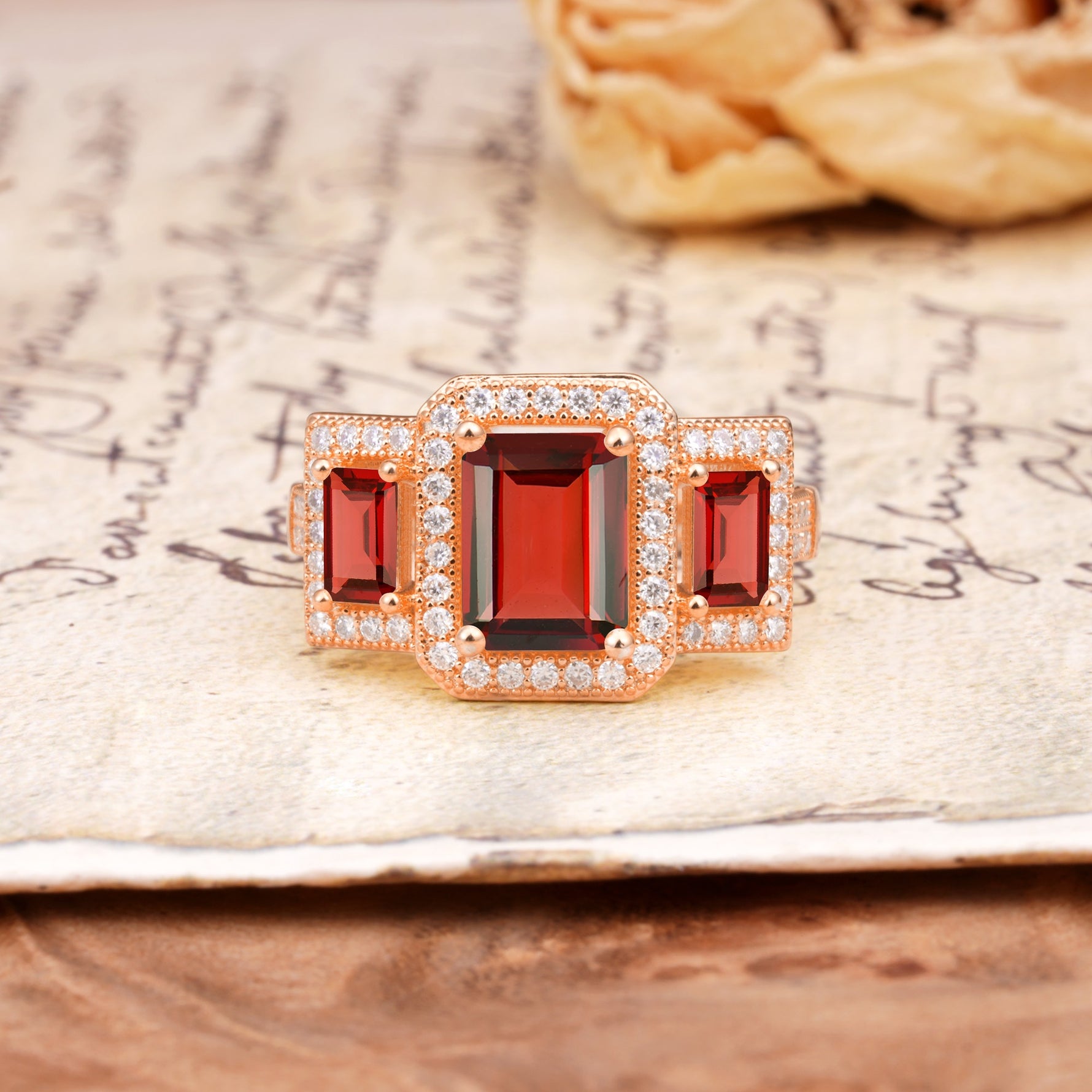 Luxury 4 Prong Emerald CutGarnet Side Stone Engagement Ring - Additional view