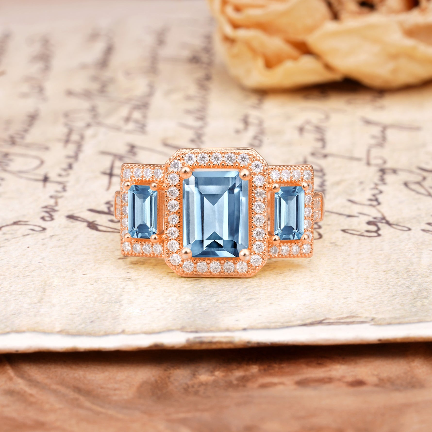 Luxury 4 Prong Emerald CutAquamarine Side Stone Engagement Ring - Additional view
