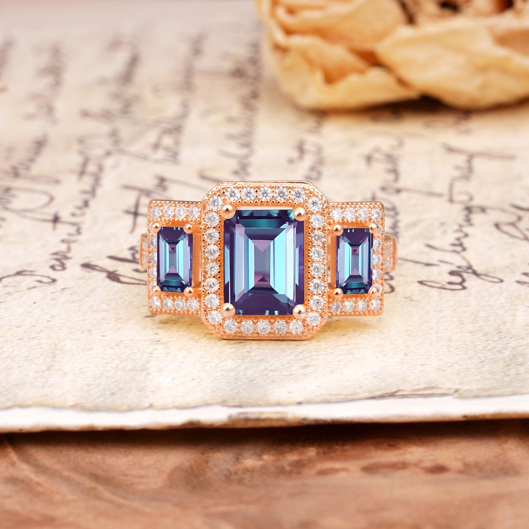 Luxury 4 Prong Emerald CutAlexandrite Side Stone Engagement Ring - Additional view