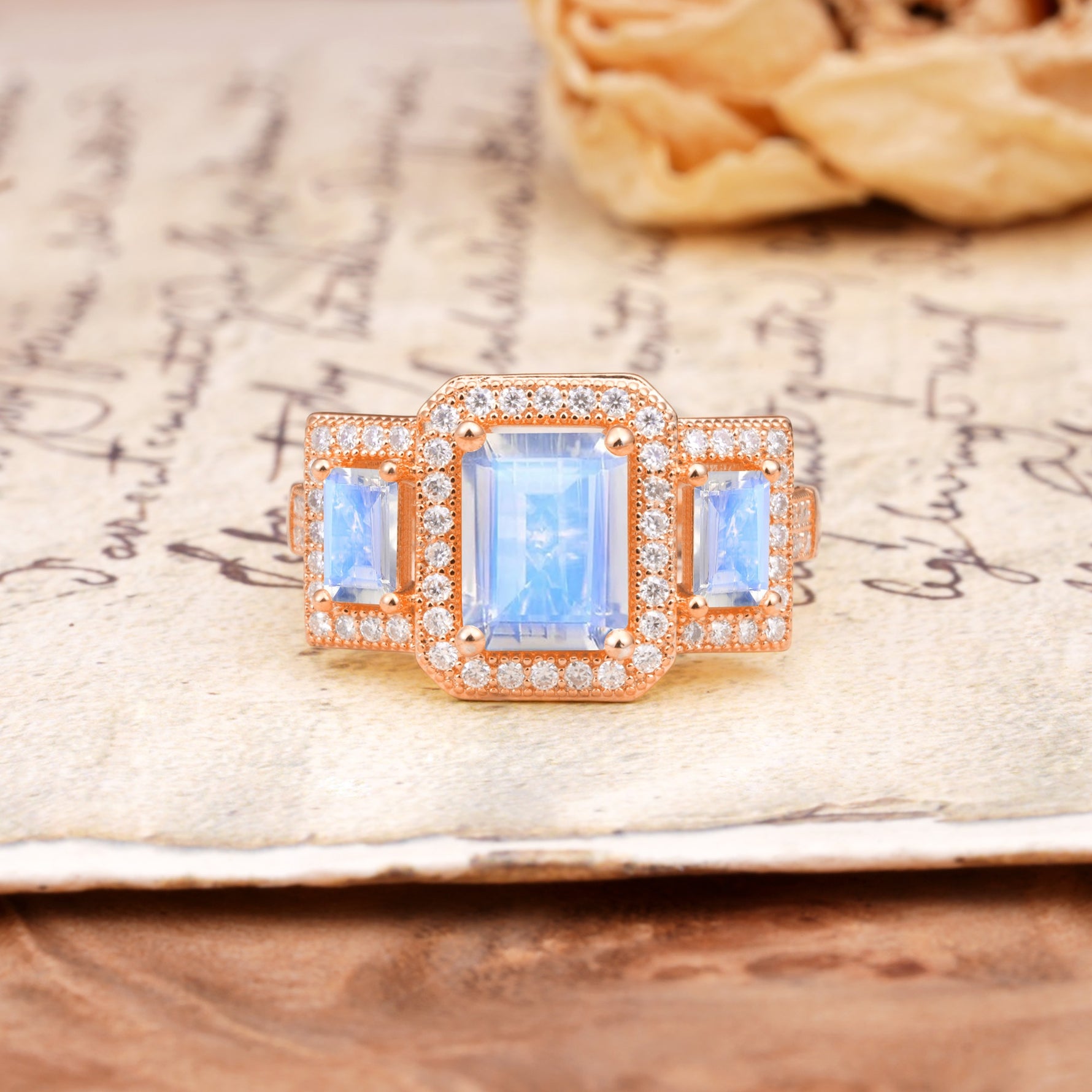 Luxury 4 Prong Emerald CutMoonstone Side Stone Engagement Ring - Additional view