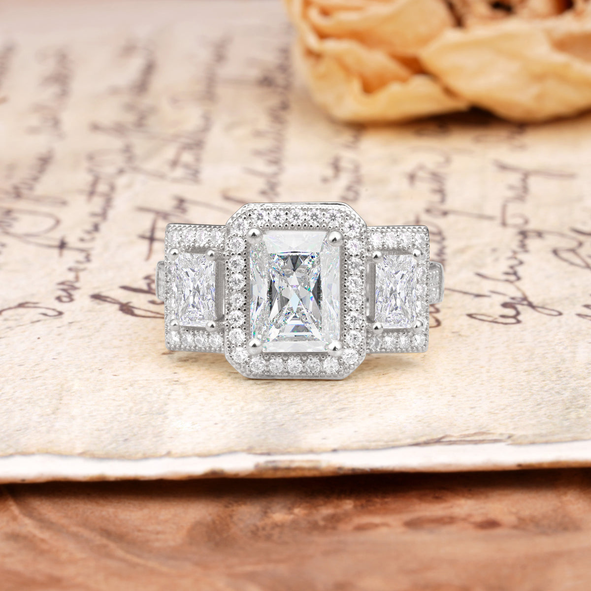 Luxury 4 Prong Emerald CutMoissanite Side Stone Engagement Ring - Additional view