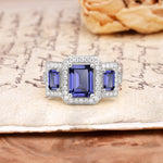 Luxury 4 Prong Emerald CutTanzanite Side Stone Engagement Ring - Additional view