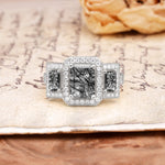 Luxury 4 Prong Emerald CutBlack Rutilated Quartz Side Stone Engagement Ring - Additional view