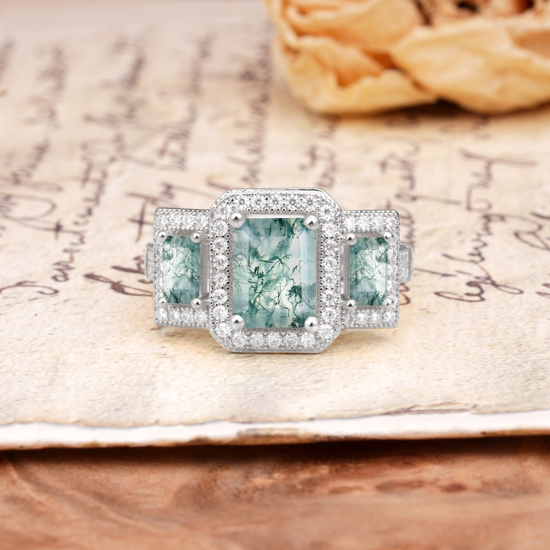 Luxury 4 Prong Emerald CutMoss Agate Side Stone Engagement Ring - Additional view