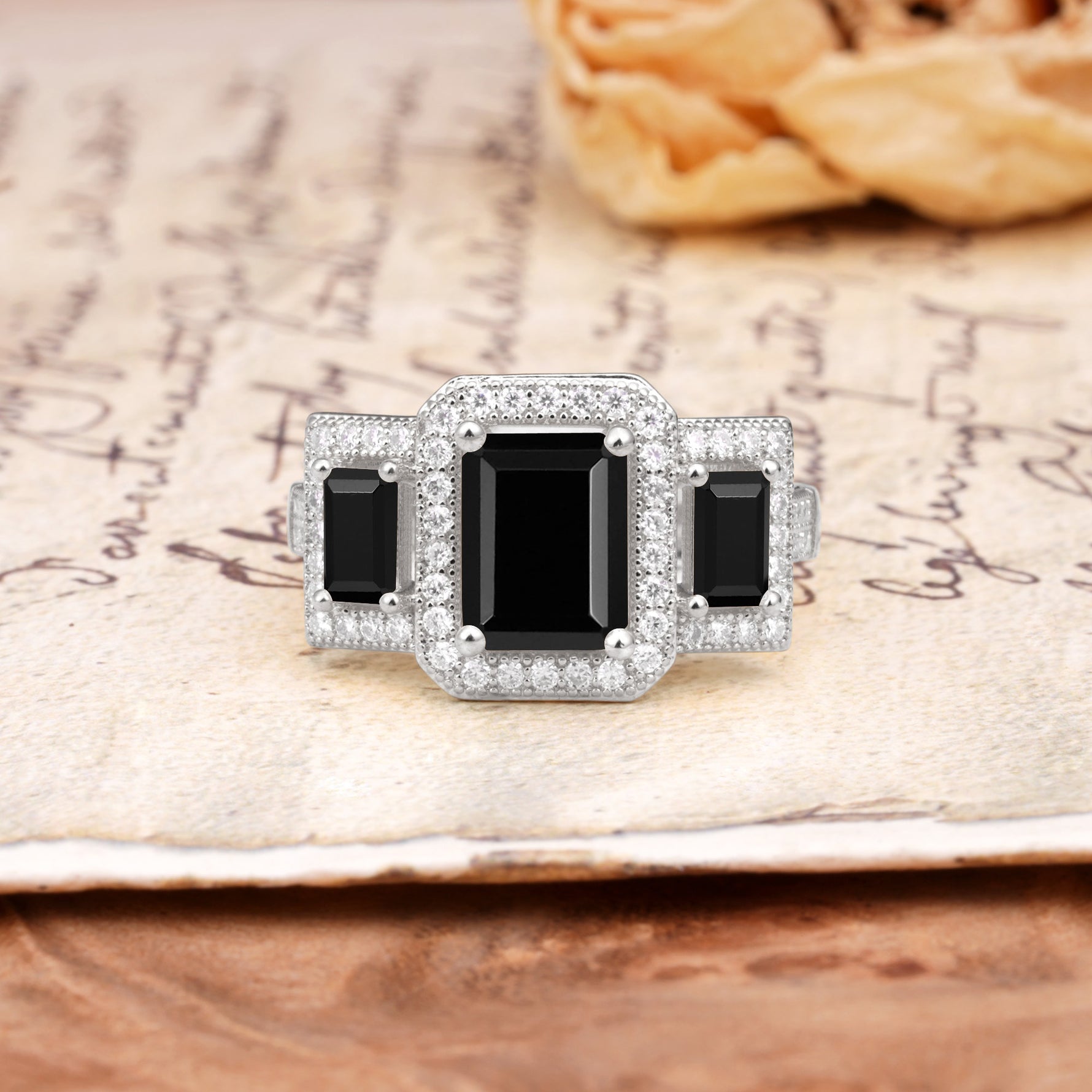 Luxury 4 Prong Emerald CutBlack Onyx Side Stone Engagement Ring - Additional view