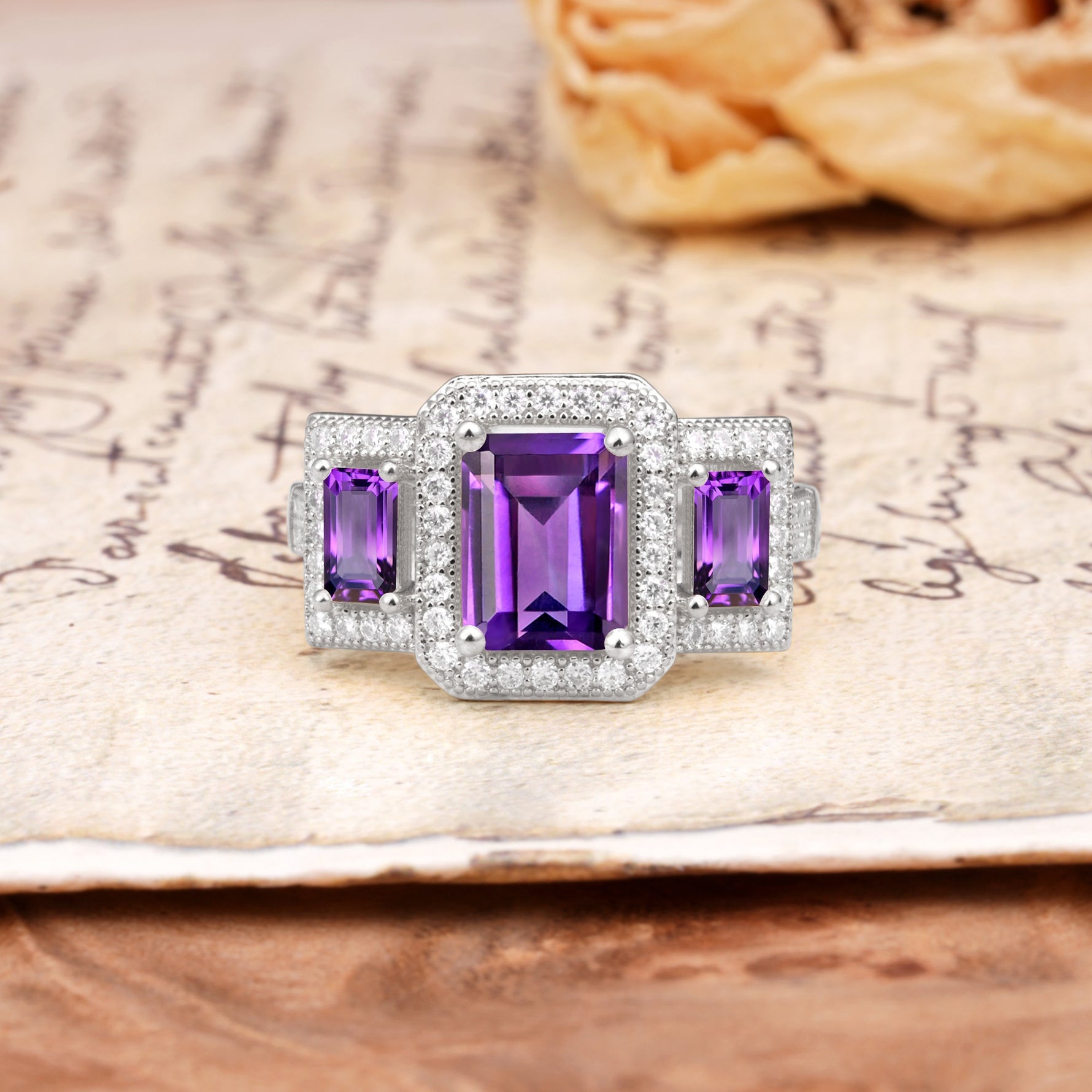 Luxury 4 Prong Emerald CutAmethyst Side Stone Engagement Ring - Additional view