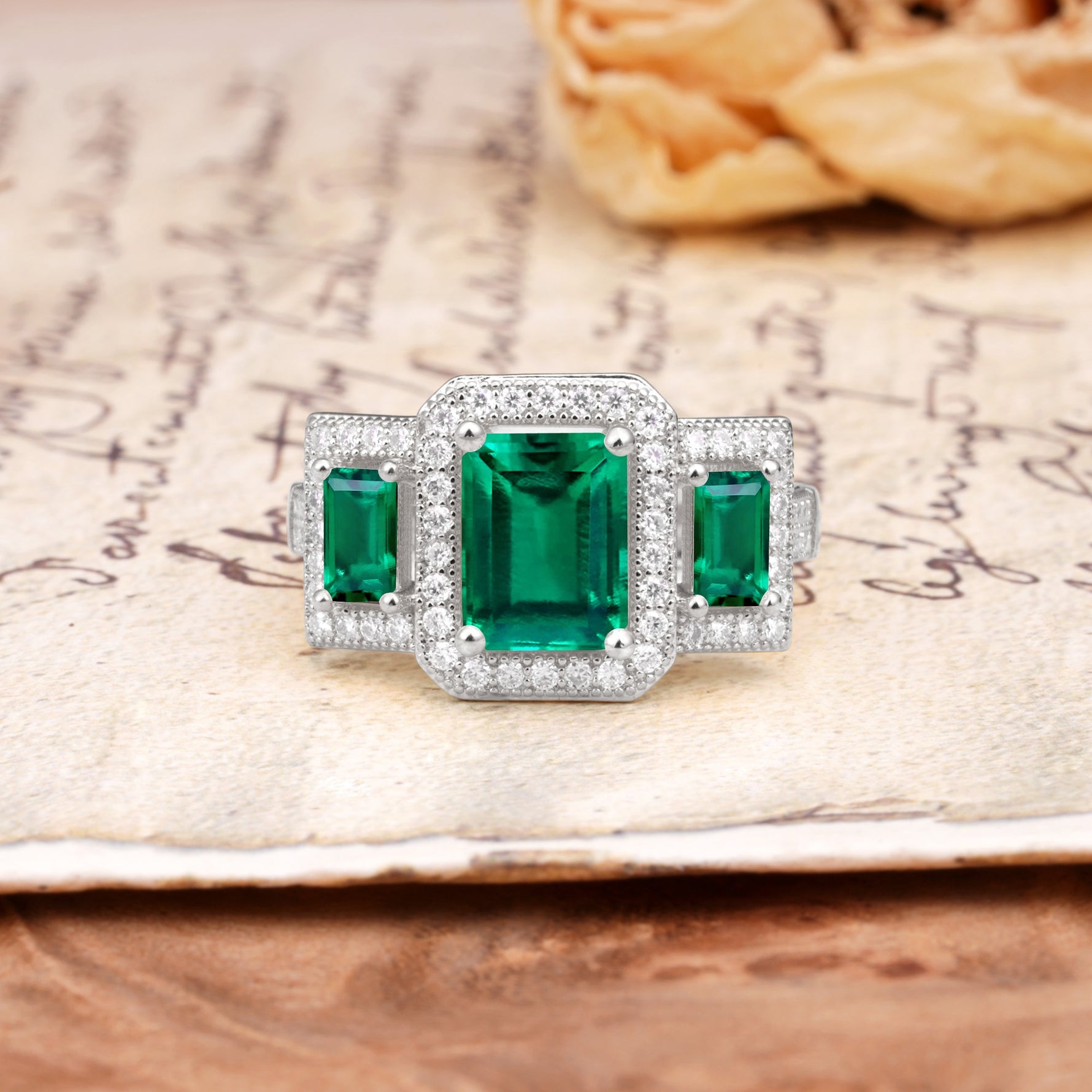 Luxury 4 Prong Emerald CutEmerald Side Stone Engagement Ring - Additional view