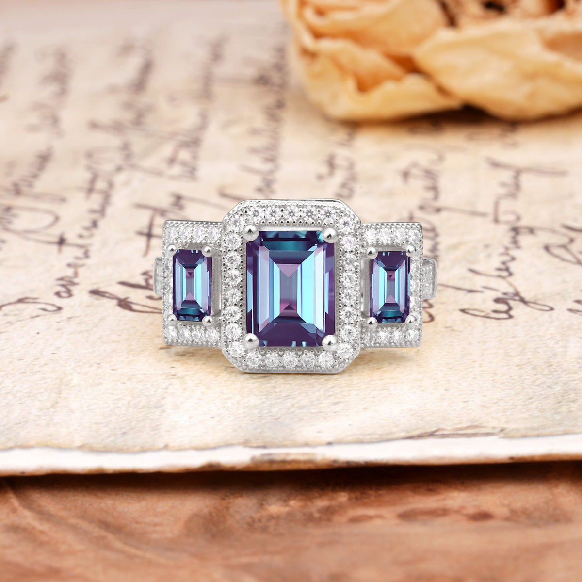 Luxury 4 Prong Emerald CutAlexandrite Side Stone Engagement Ring - Additional view