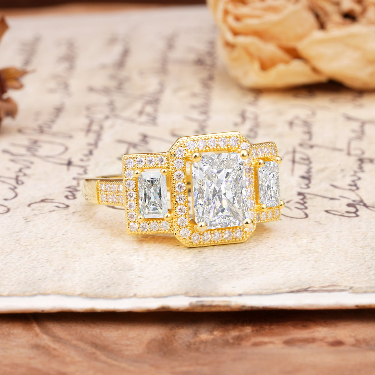 Luxury 4 Prong Emerald CutMoissanite Side Stone Engagement Ring - Additional view