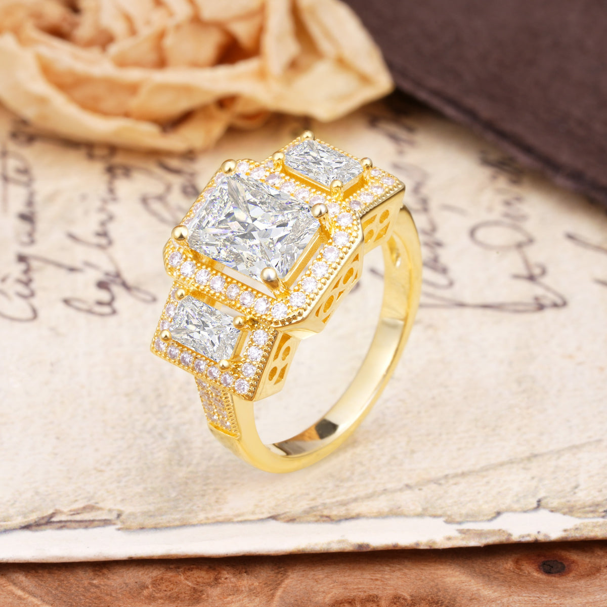 Luxury 4 Prong Emerald CutMoissanite Side Stone Engagement Ring - Additional view