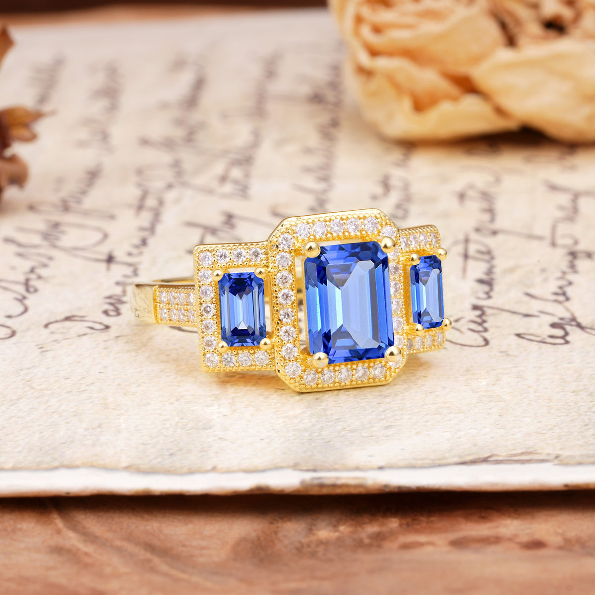 Luxury 4 Prong Emerald CutSapphire Side Stone Engagement Ring - Additional view