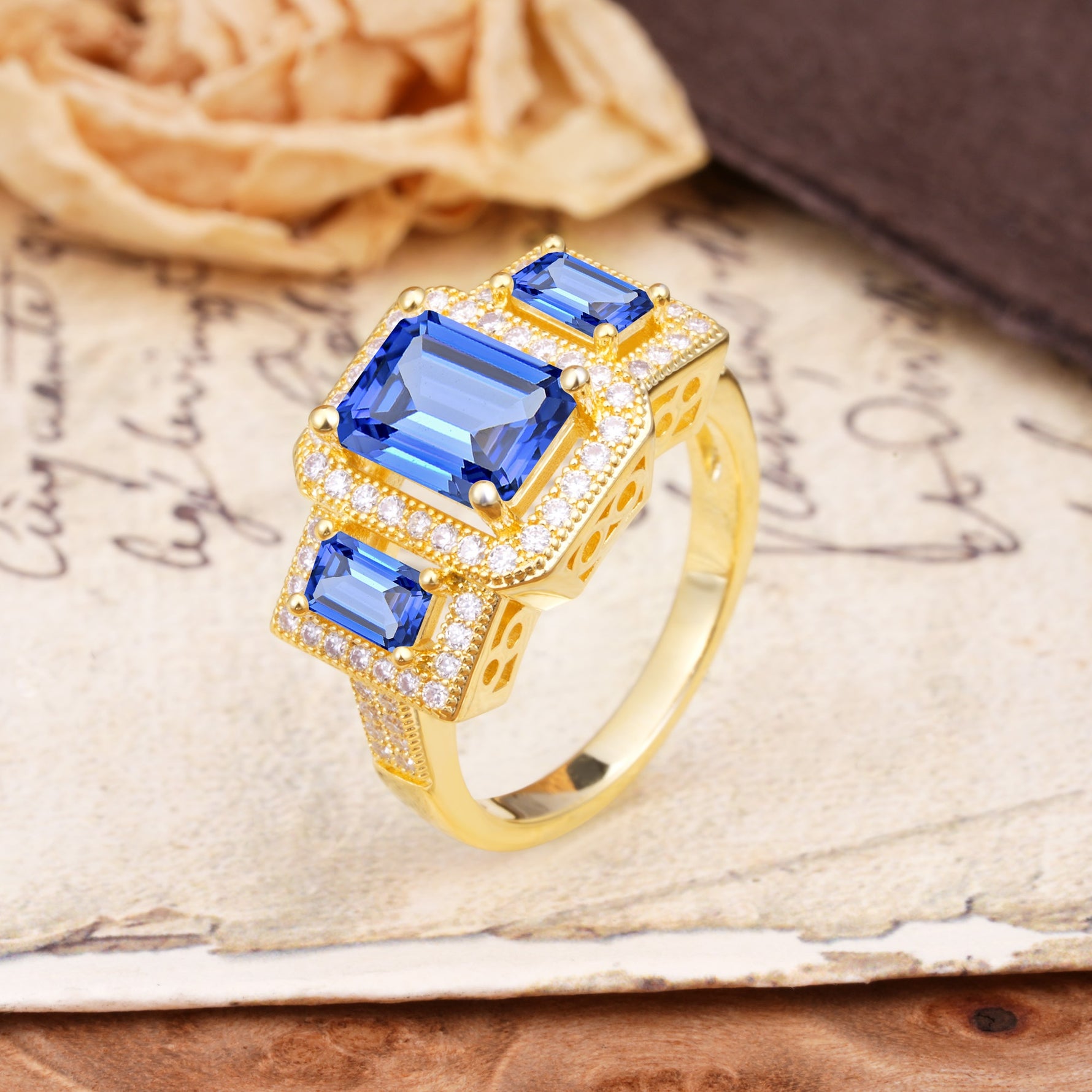 Luxury 4 Prong Emerald CutSapphire Side Stone Engagement Ring - Additional view
