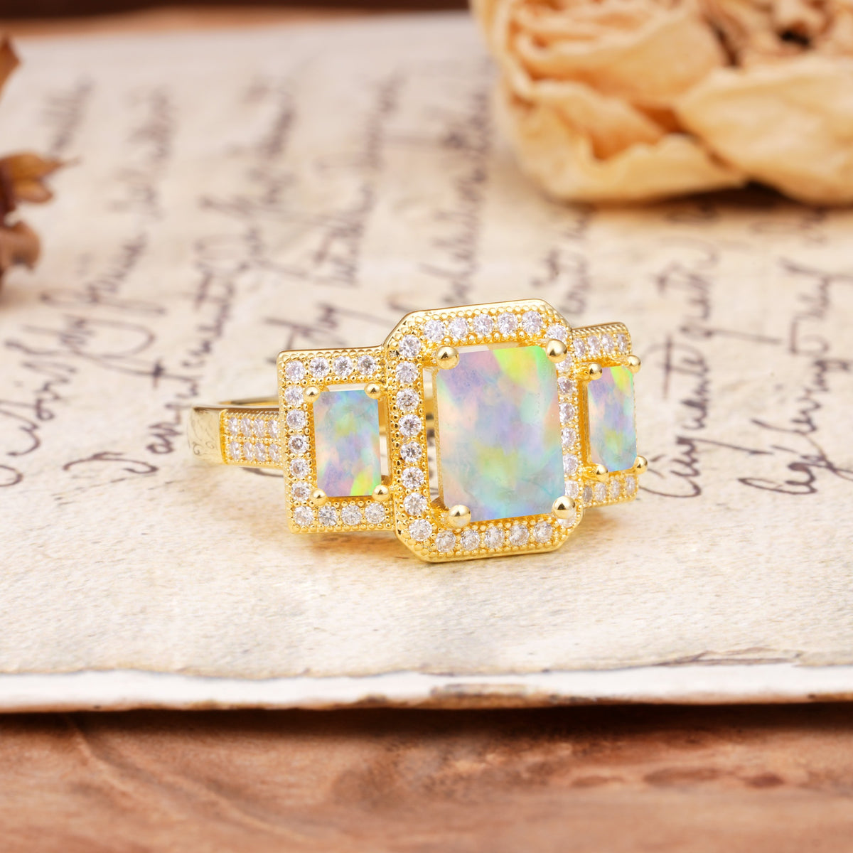 Luxury 4 Prong Emerald CutFire Opal Side Stone Engagement Ring - Additional view
