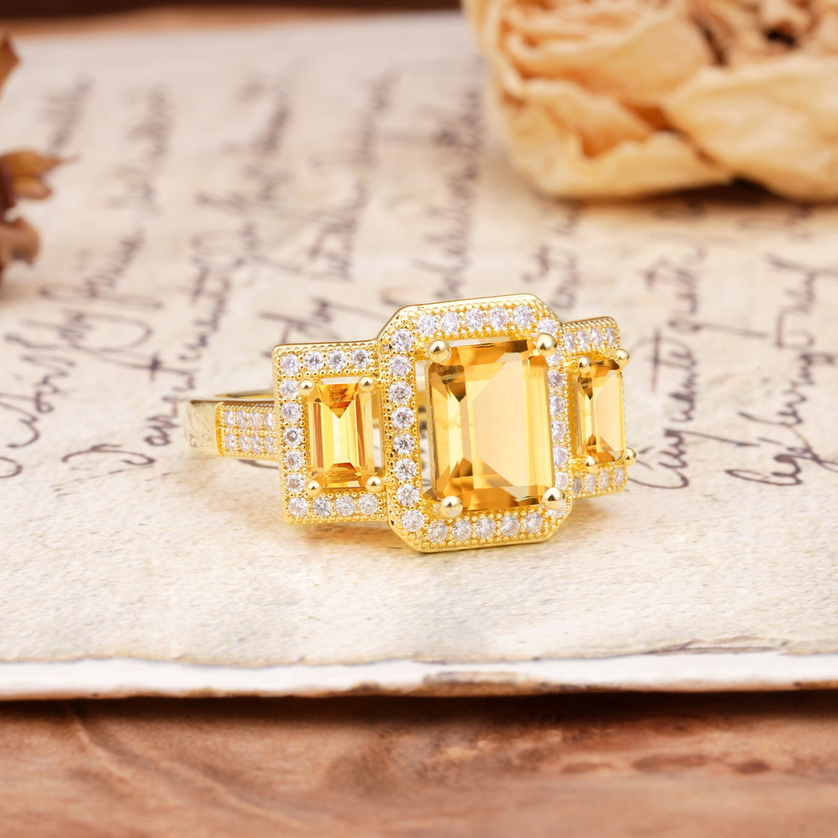 Luxury 4 Prong Emerald CutCitrine Side Stone Engagement Ring - Additional view