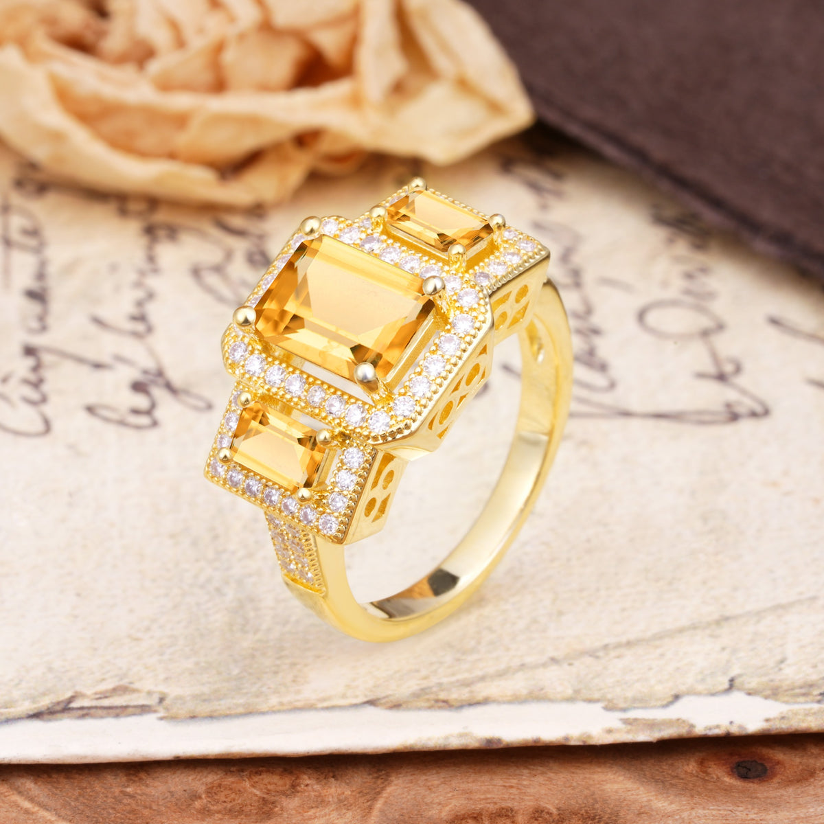 Luxury 4 Prong Emerald CutCitrine Side Stone Engagement Ring - Additional view