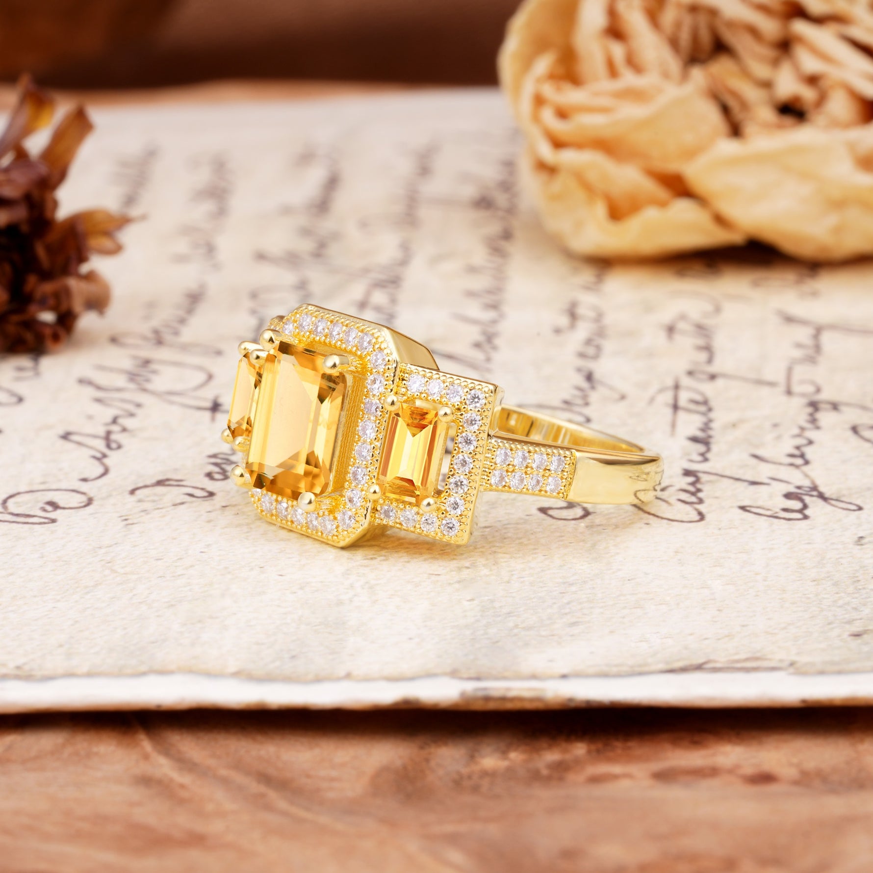 Luxury 4 Prong Emerald CutCitrine Side Stone Engagement Ring - Additional view