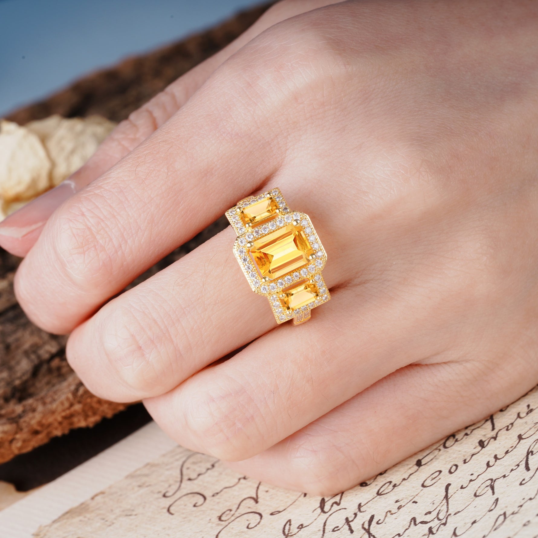 Luxury 4 Prong Emerald CutCitrine Side Stone Engagement Ring - Additional view