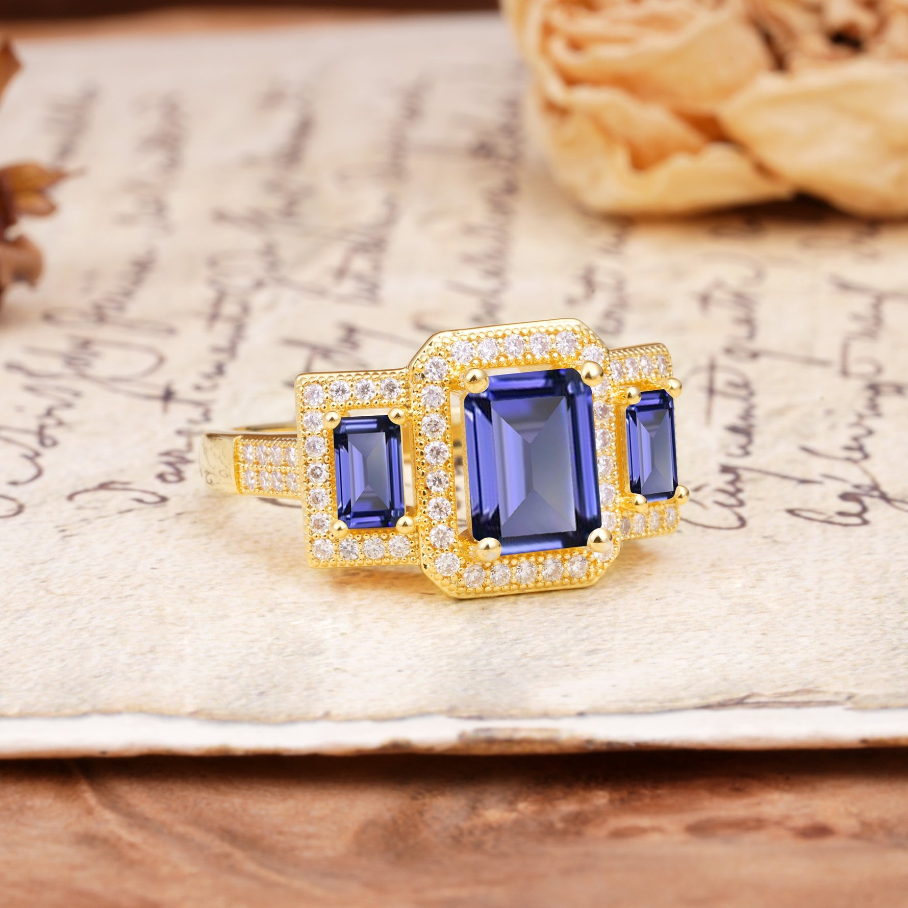 Luxury 4 Prong Emerald CutTanzanite Side Stone Engagement Ring - Additional view