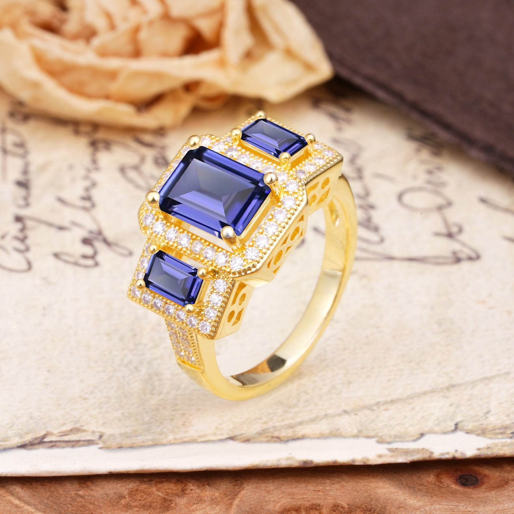 Luxury 4 Prong Emerald CutTanzanite Side Stone Engagement Ring - Additional view