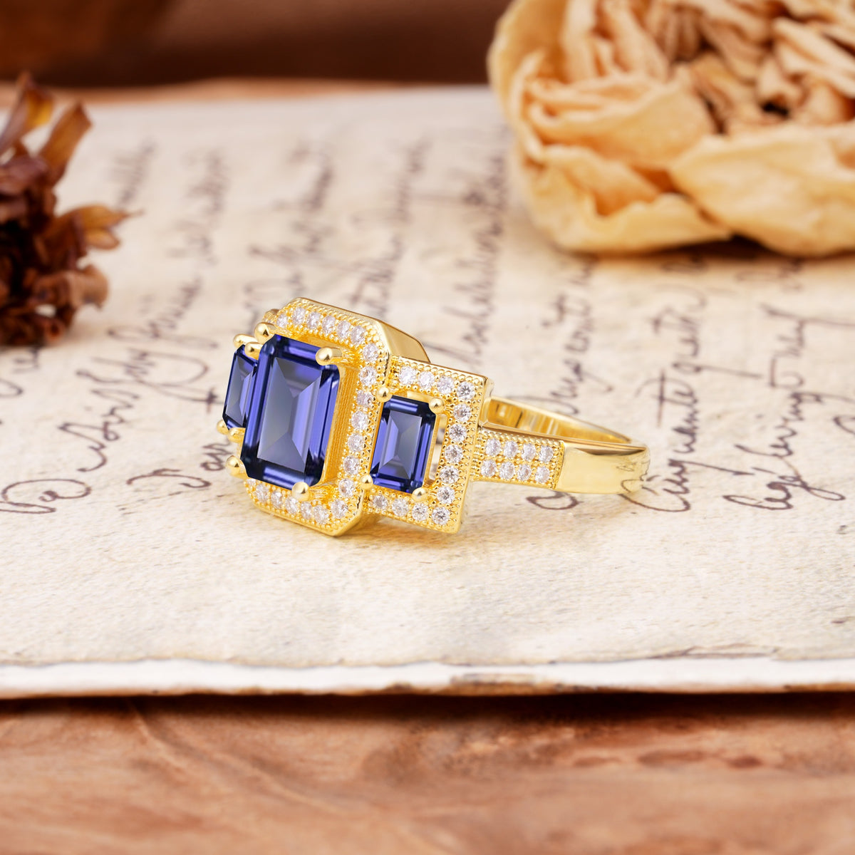 Luxury 4 Prong Emerald CutTanzanite Side Stone Engagement Ring - Additional view