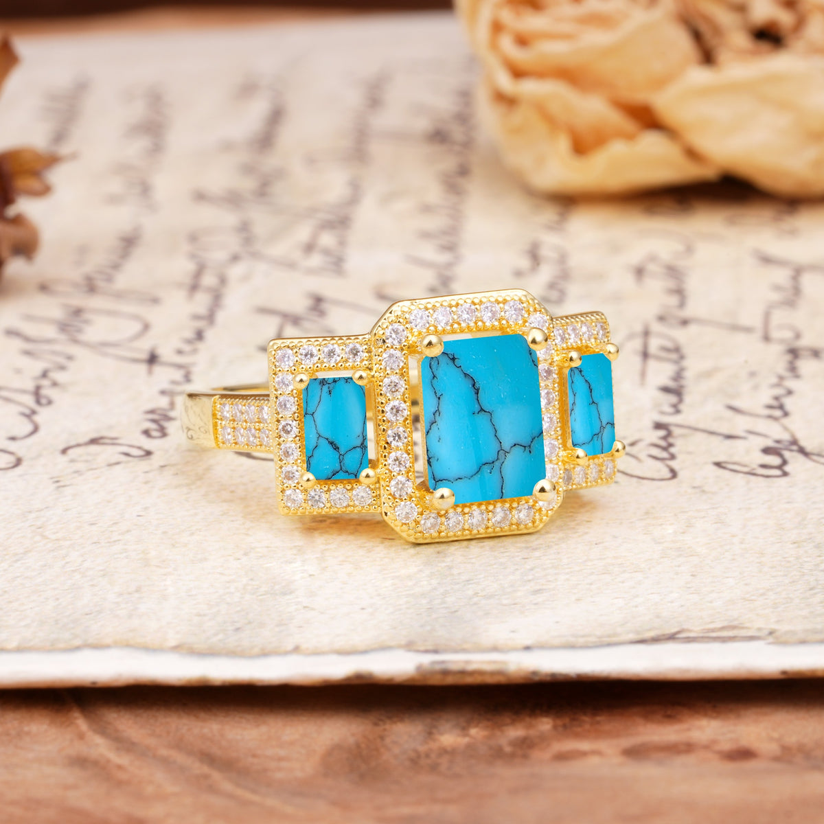 Luxury 4 Prong Emerald CutTurquoise Side Stone Engagement Ring - Additional view