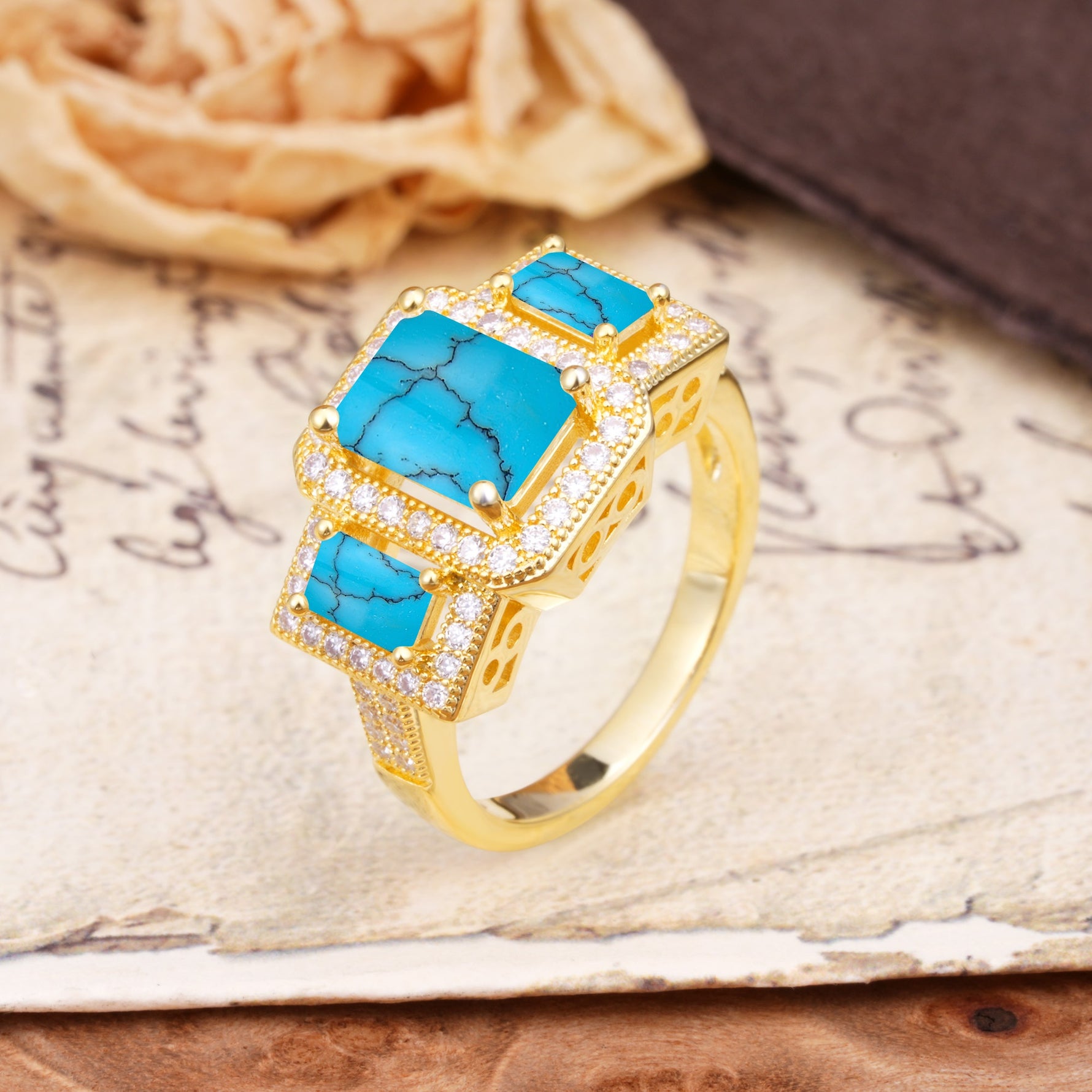 Luxury 4 Prong Emerald CutTurquoise Side Stone Engagement Ring - Additional view
