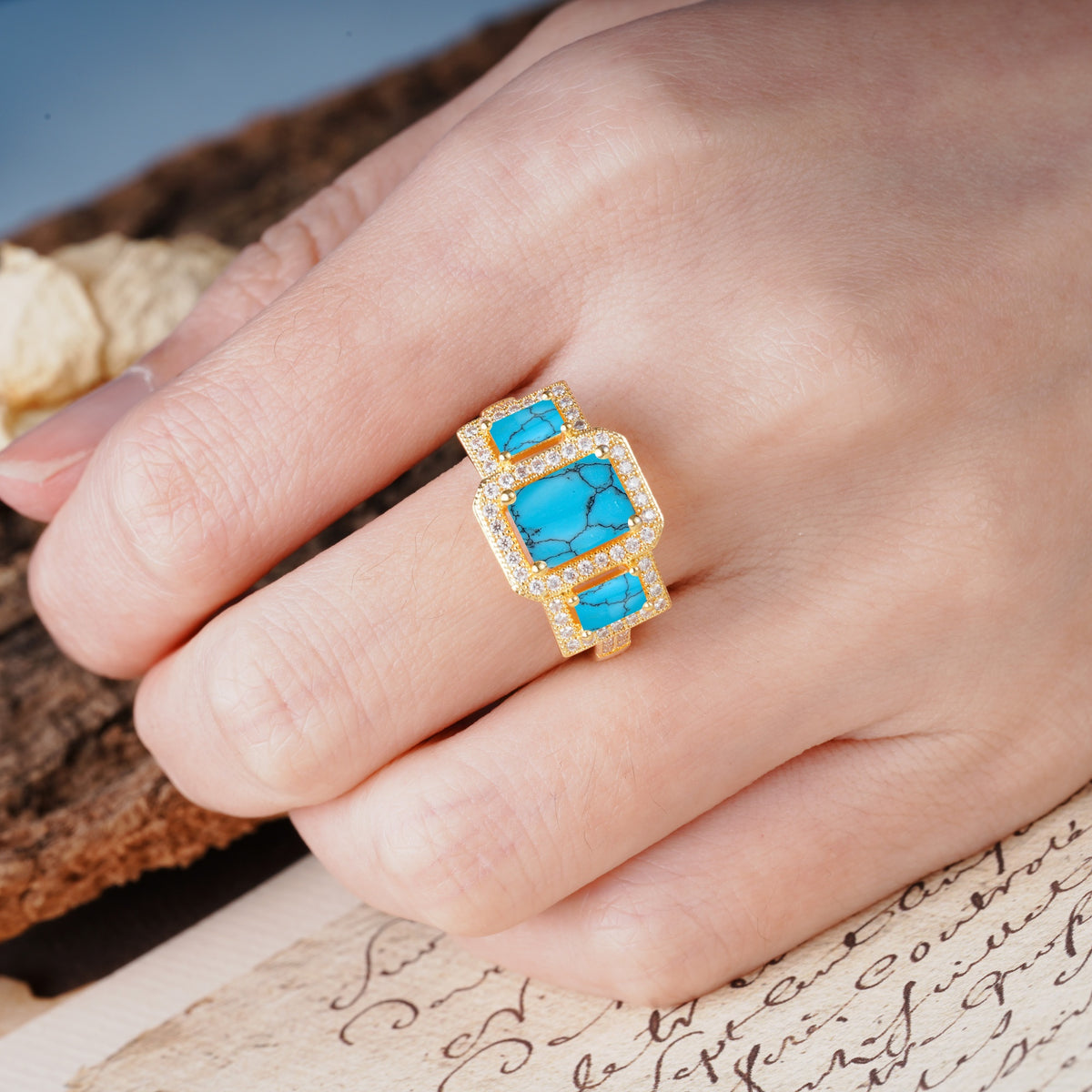 Luxury 4 Prong Emerald CutTurquoise Side Stone Engagement Ring - Additional view