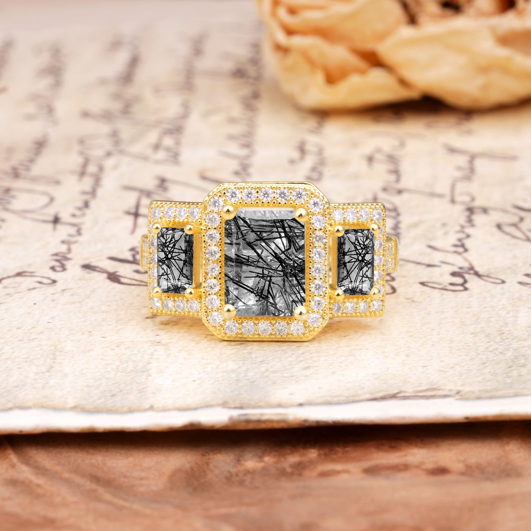 Luxury 4 Prong Emerald CutBlack Rutilated Quartz Side Stone Engagement Ring - Additional view