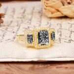 Luxury 4 Prong Emerald CutBlack Rutilated Quartz Side Stone Engagement Ring - Additional view