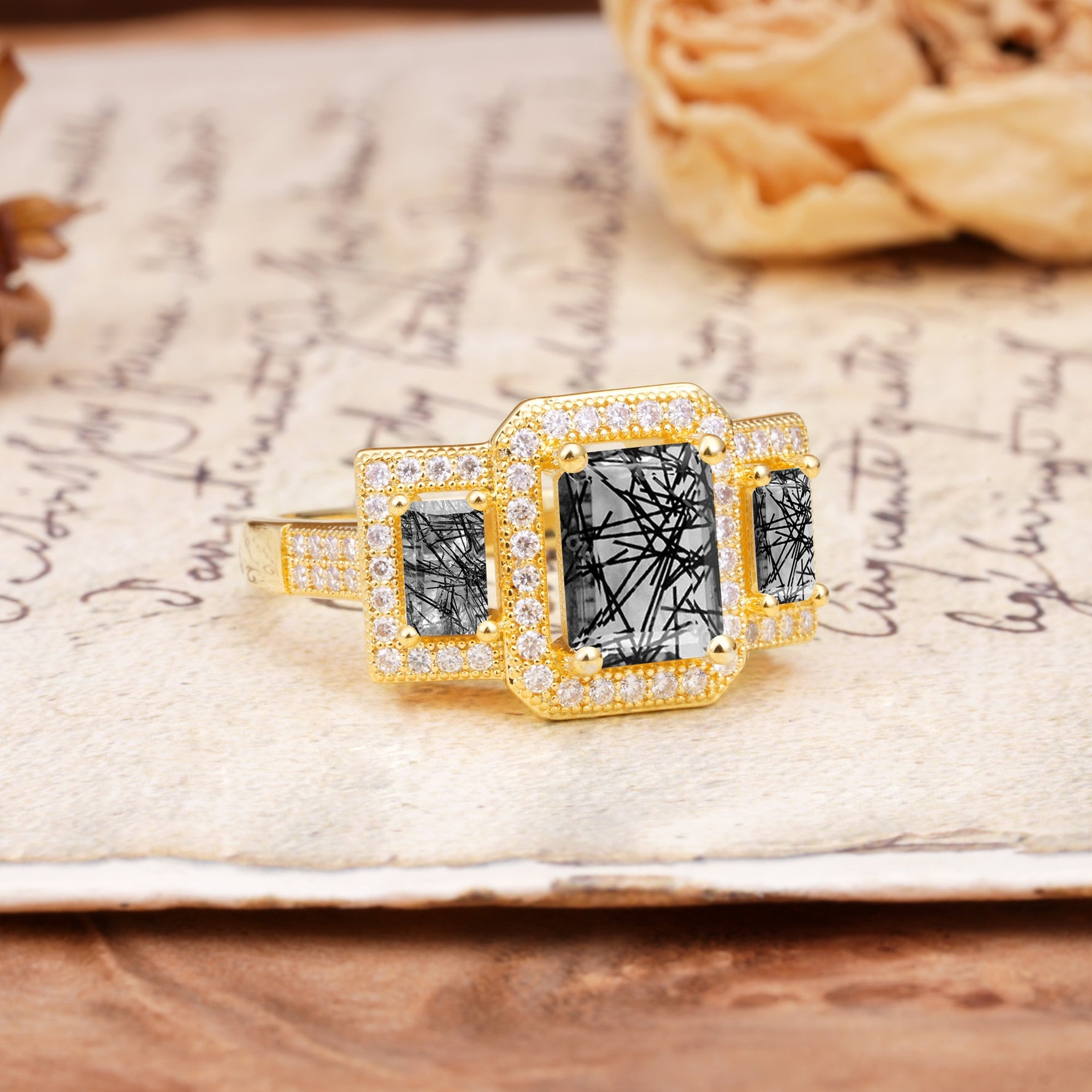 Luxury 4 Prong Emerald CutBlack Rutilated Quartz Side Stone Engagement Ring - Additional view