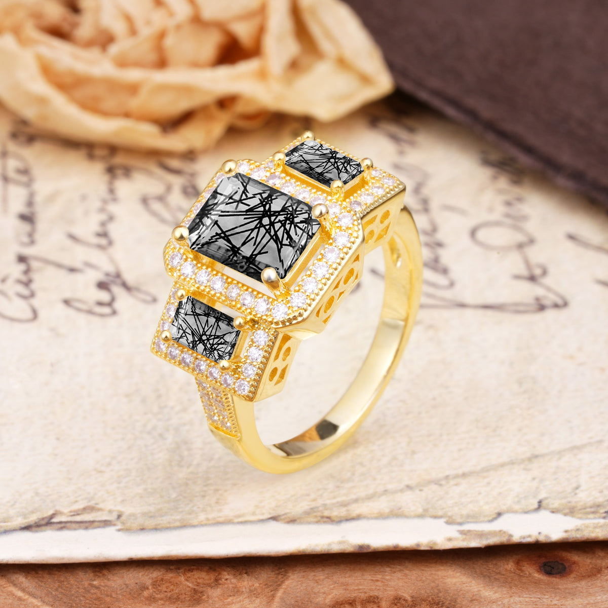 Luxury 4 Prong Emerald CutBlack Rutilated Quartz Side Stone Engagement Ring - Additional view