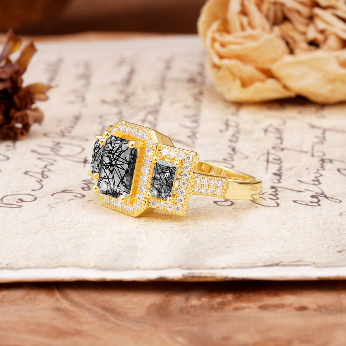 Luxury 4 Prong Emerald CutBlack Rutilated Quartz Side Stone Engagement Ring - Additional view
