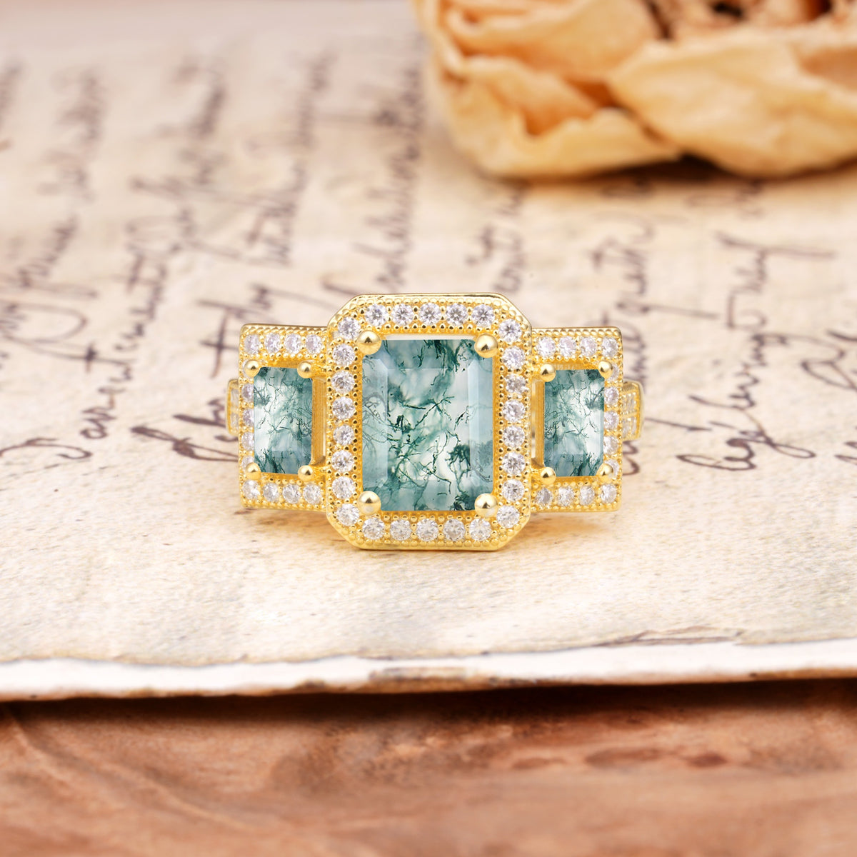Luxury 4 Prong Emerald CutMoss Agate Side Stone Engagement Ring - Additional view