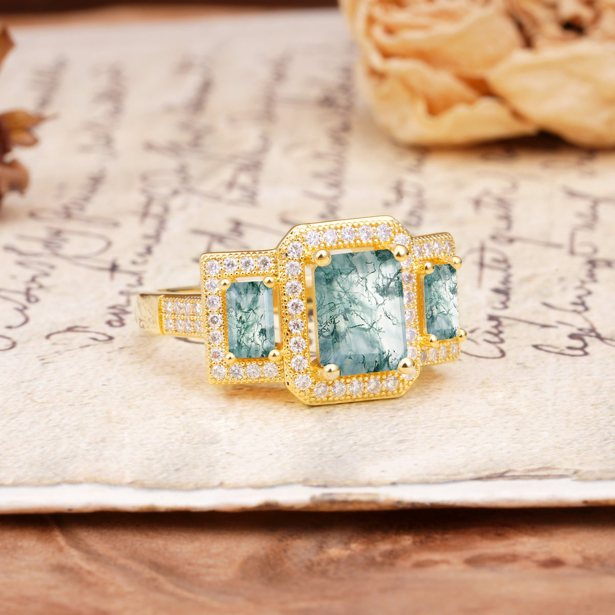 Luxury 4 Prong Emerald CutMoss Agate Side Stone Engagement Ring - Additional view