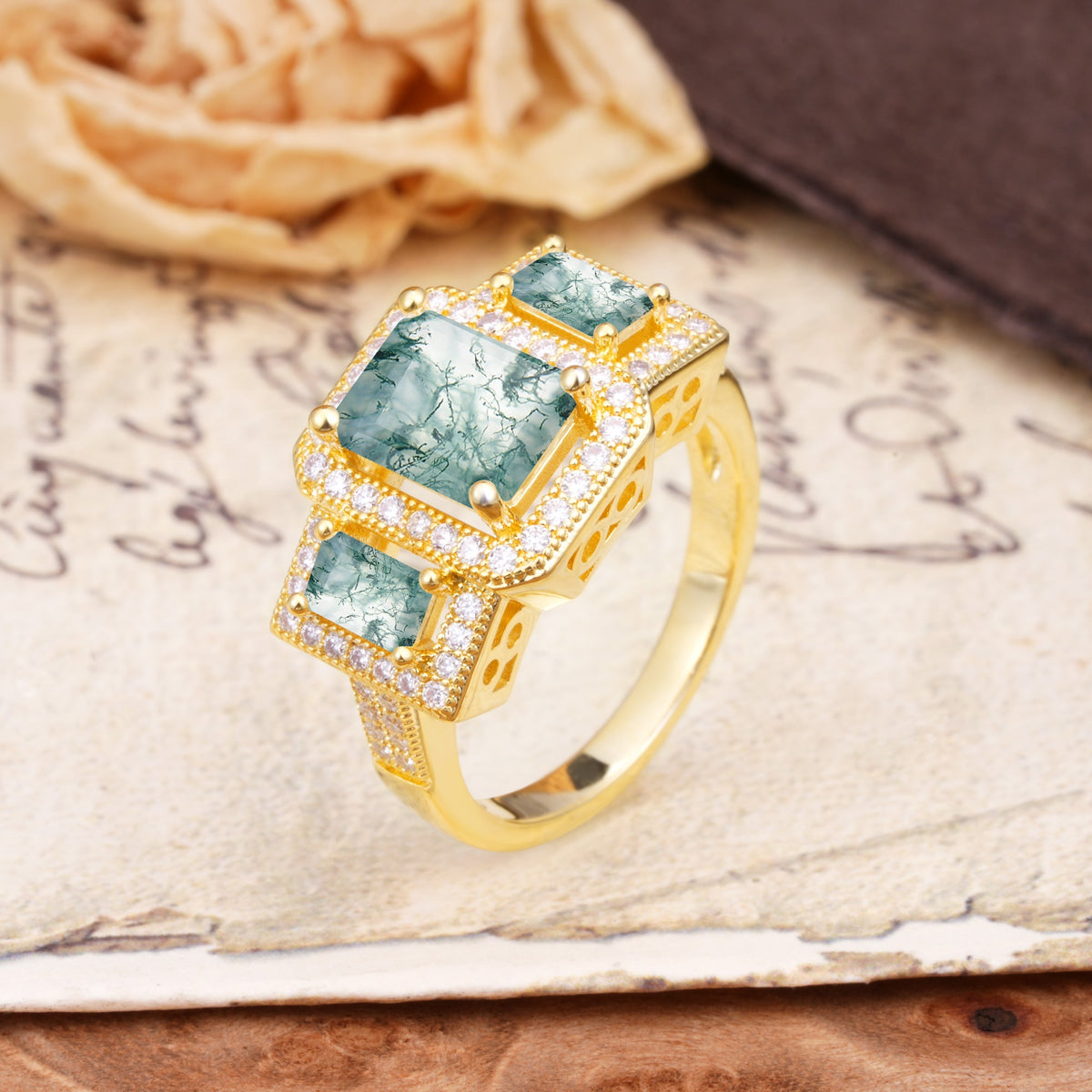 Luxury 4 Prong Emerald CutMoss Agate Side Stone Engagement Ring - Additional view