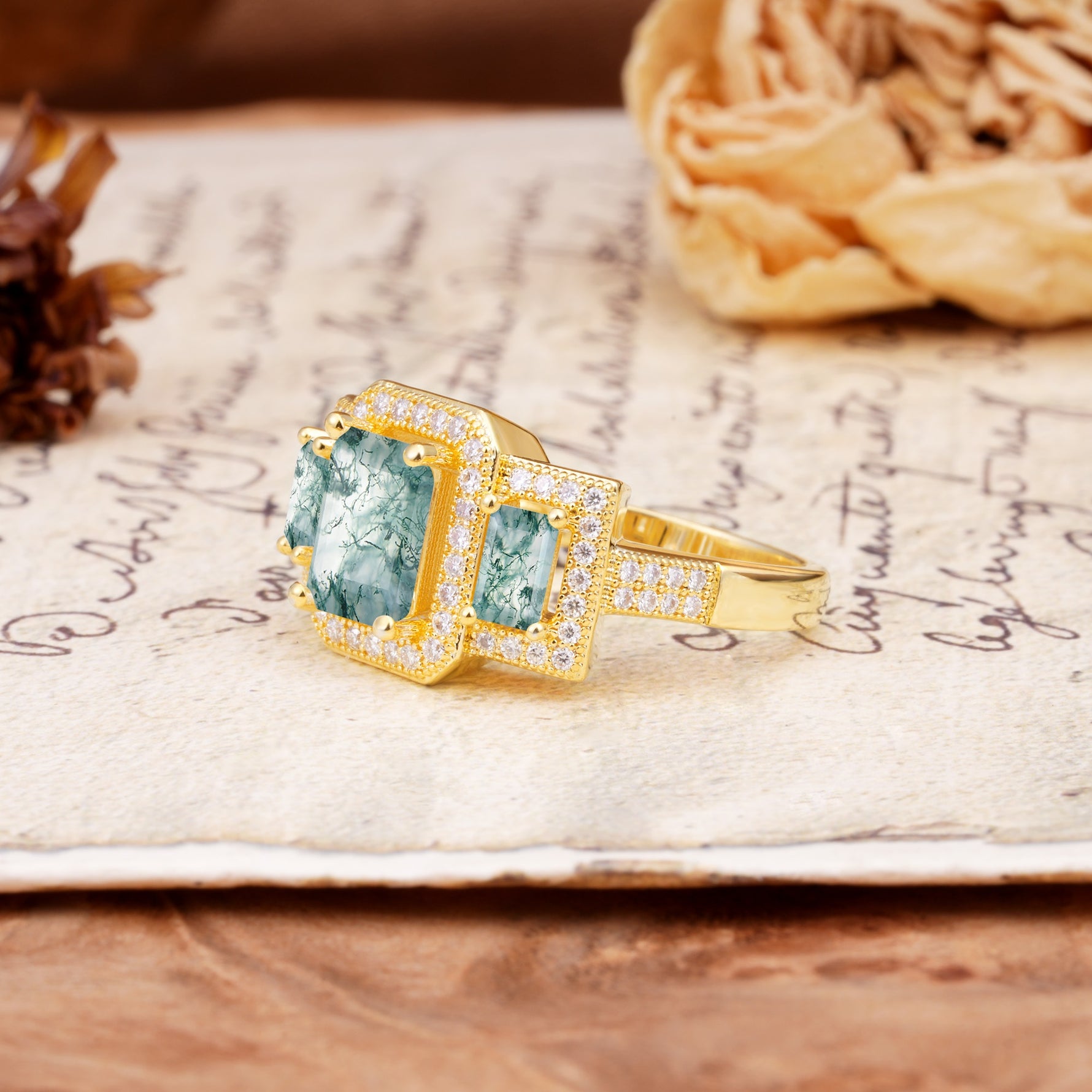 Luxury 4 Prong Emerald CutMoss Agate Side Stone Engagement Ring - Additional view